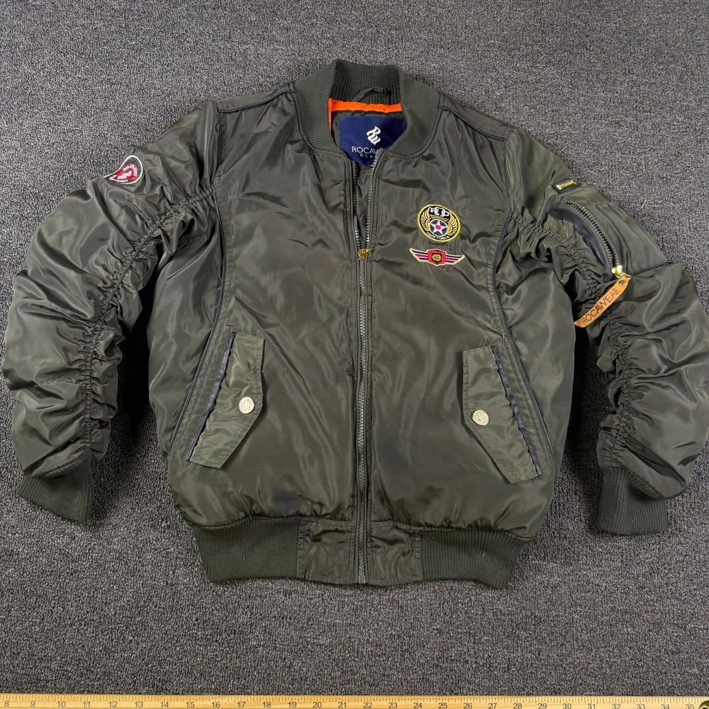 Rocawear Jacket Mens M Bomber Olive Green Ruched Sleeve Patch EUC